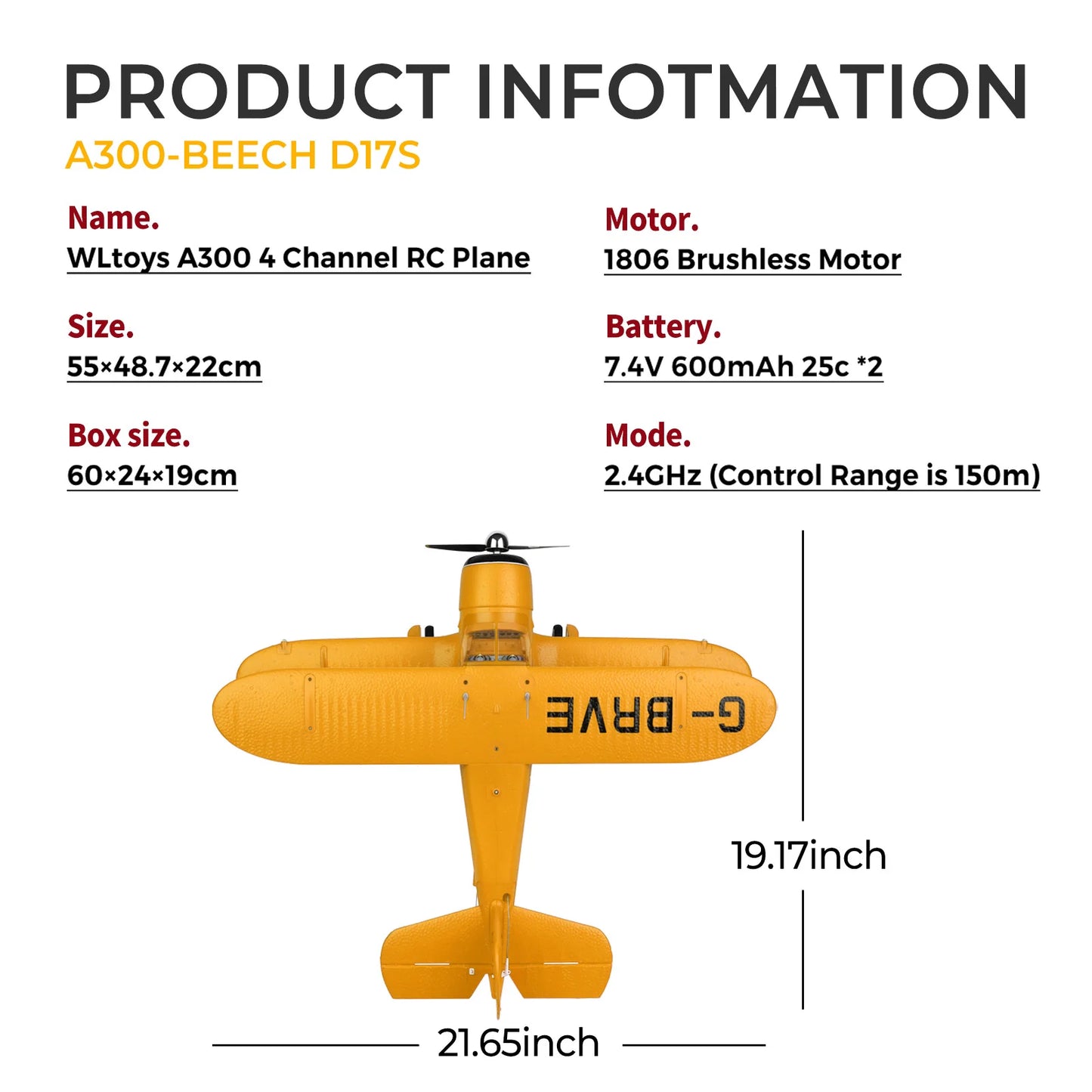 WLtoys A300 RC Plane 4CH Brushless Beechcraft D-17S 3D 6G Lights