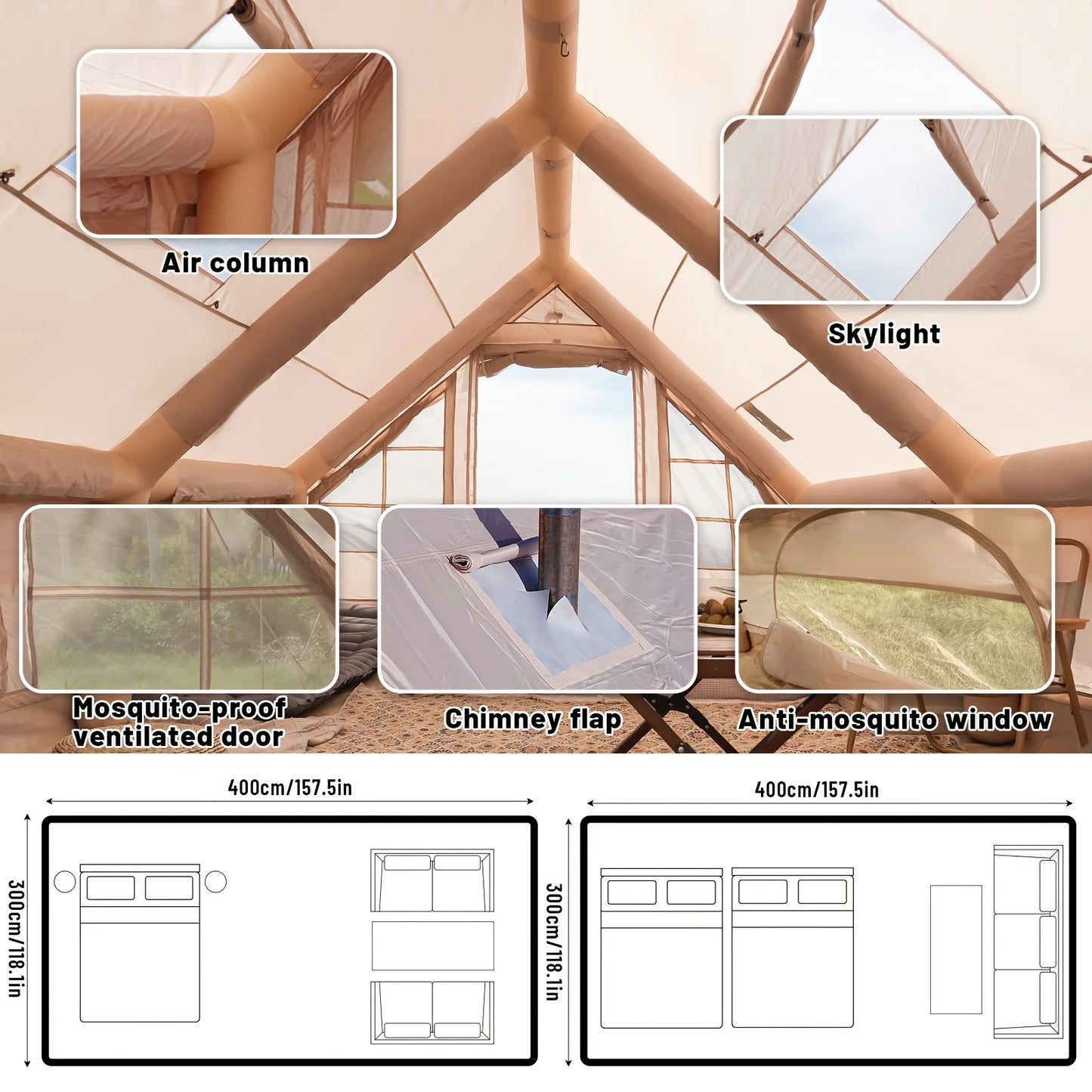 Large Inflatable Camping Tent With Skylight And Breathable Mesh