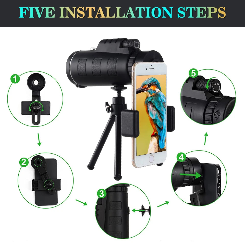 High Power Monocular Telescope With Phone Holder And Tripod