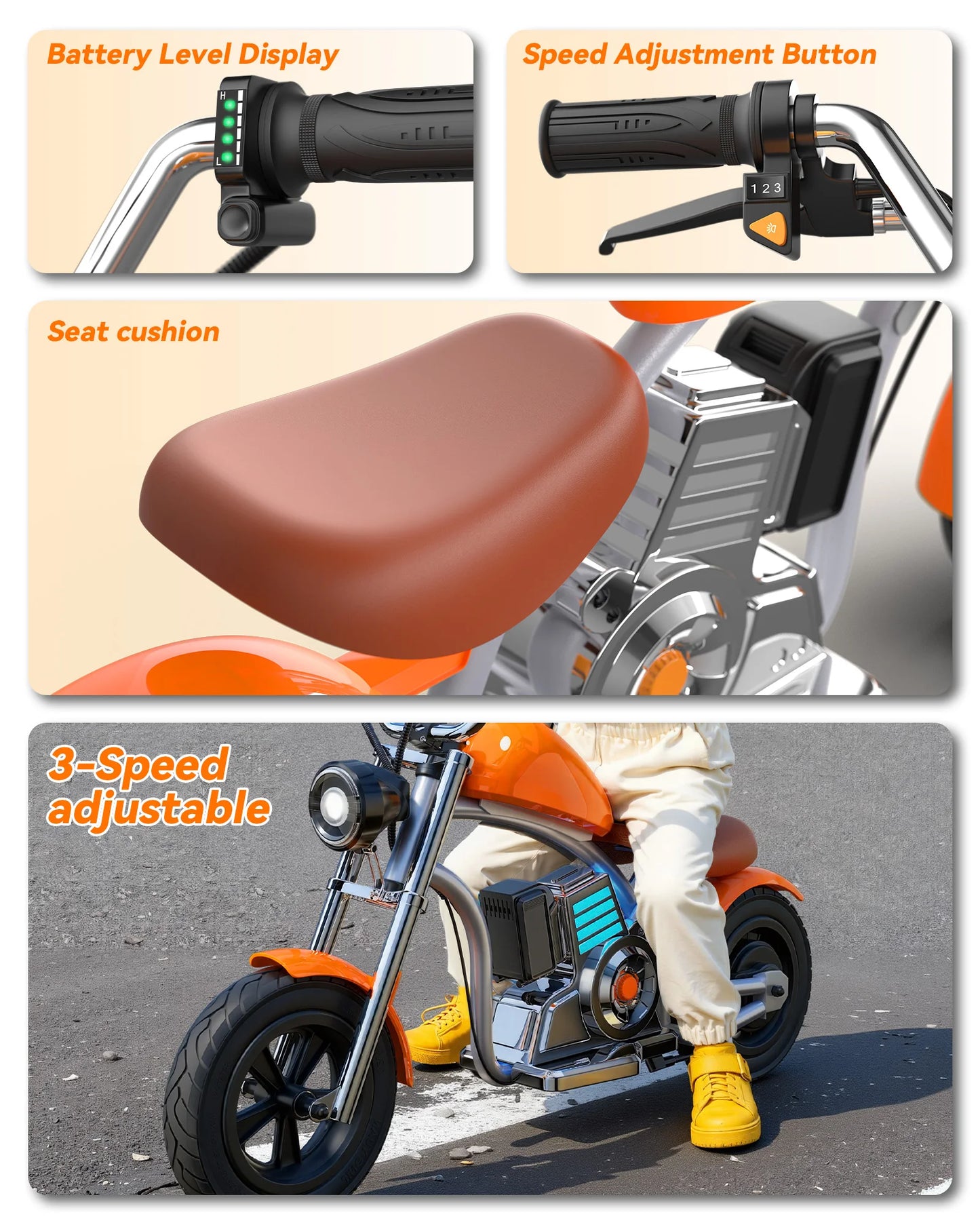 Kids Electric Motorcycle, 18V Electric Dirt Bike for Kids, 160W Motor 10MPH Fast Speed Retro Motocross with LED Lights,Orange