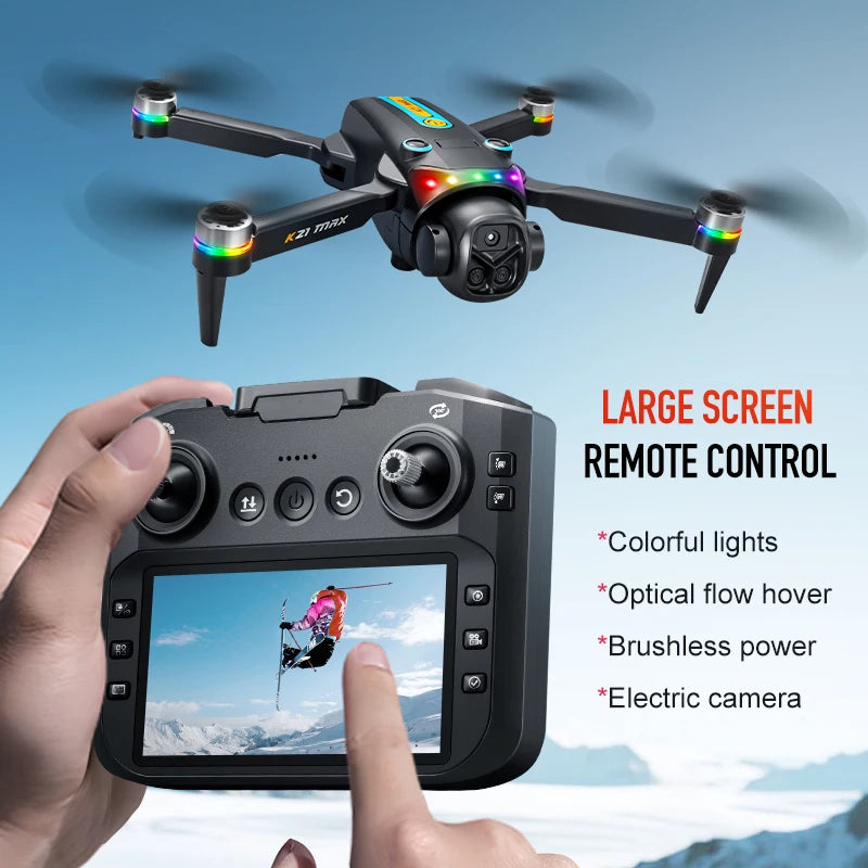 The K21MAX drone, equipped with a 4.3-inch built-in screen remote controller, is a portable remote-controlled quadcopter suitable for beginners. It supports optical flow hovering, automatic return-to-home, and makes a great h
