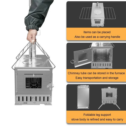 Wood Burning Portable Stove With Six Stainless Chimney Pipes For Outdoors