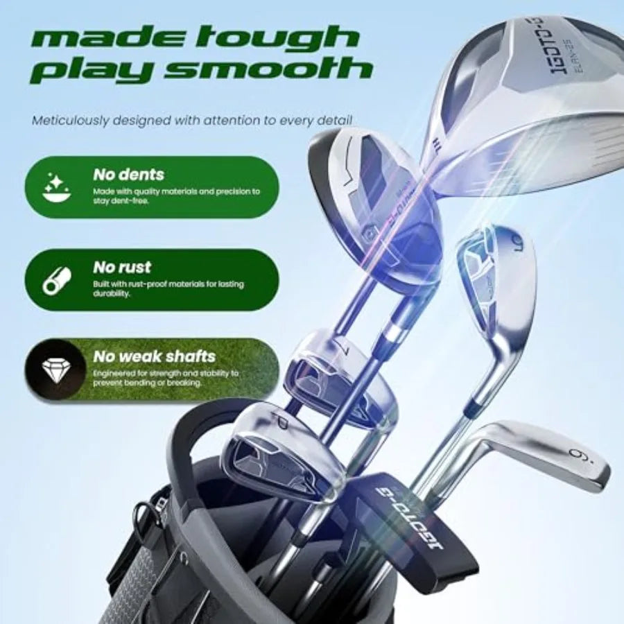 Golf clubs set for men and women: stainless steel, black/silver, complete 9-piece set with stand bag, rain hood, driver, hybrid
