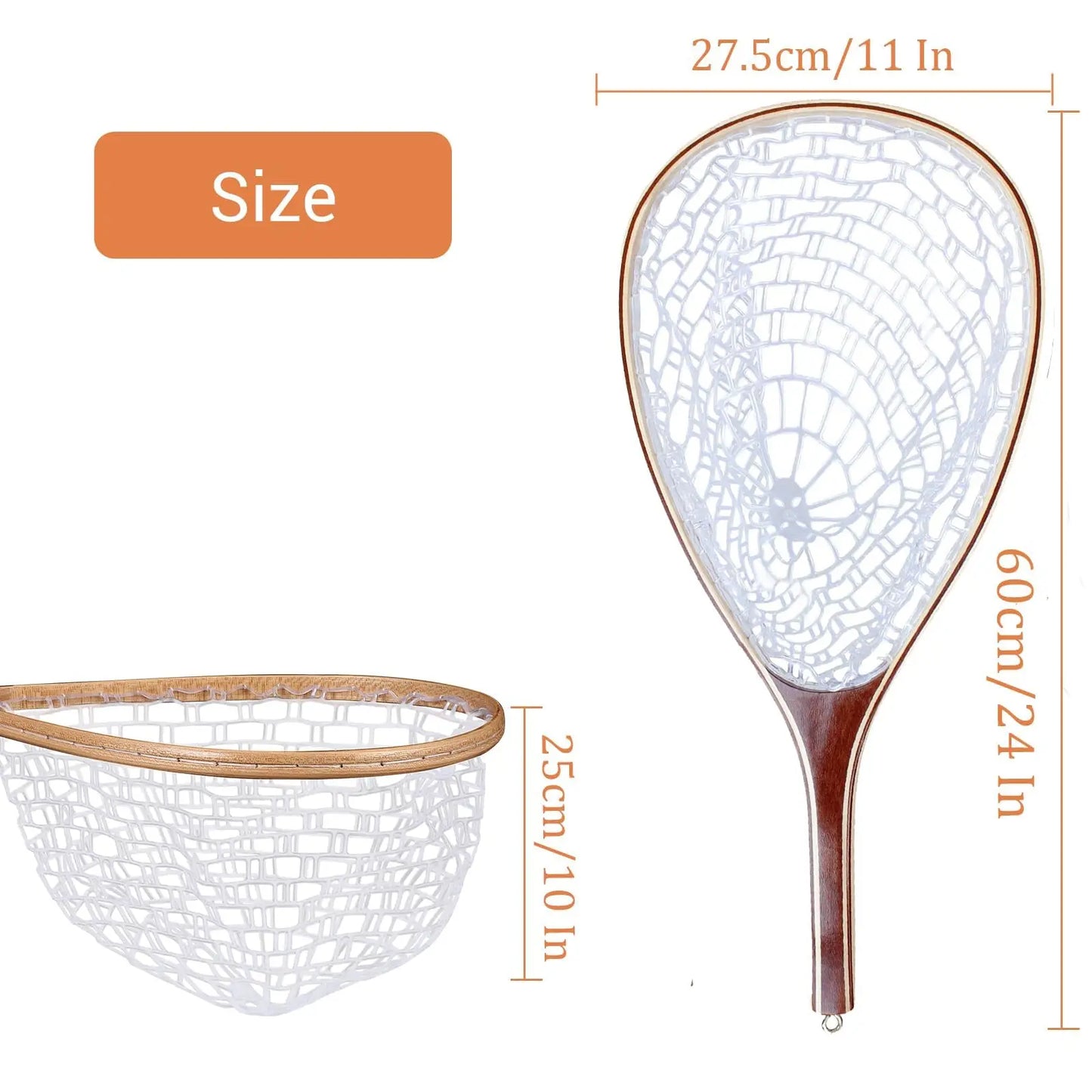 Wooden Frame Fly Fishing Landing Net With Knotless Rubber Mesh Fish Friendly