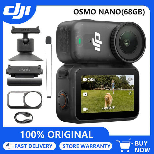 DJI OSMO Nano (68GB) action camera shown with its accessories on a white background with blue promotional banners. The main product is the black and gray camera body, with accessories including a mount, screen protector, strap, and stylus shown to the left.