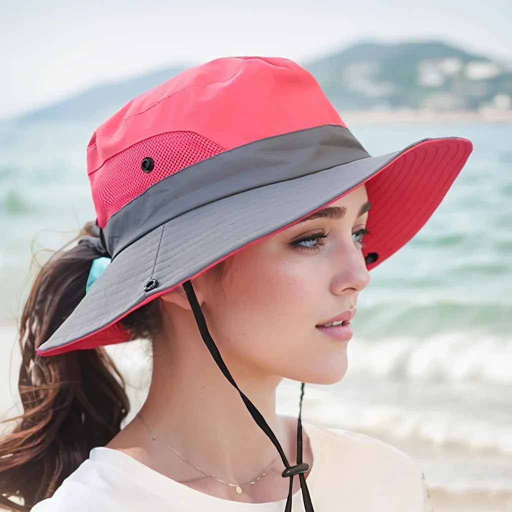 Breathable Mesh Wide Brim Sun Hat With Ponytail Hole For Beach And Fishing