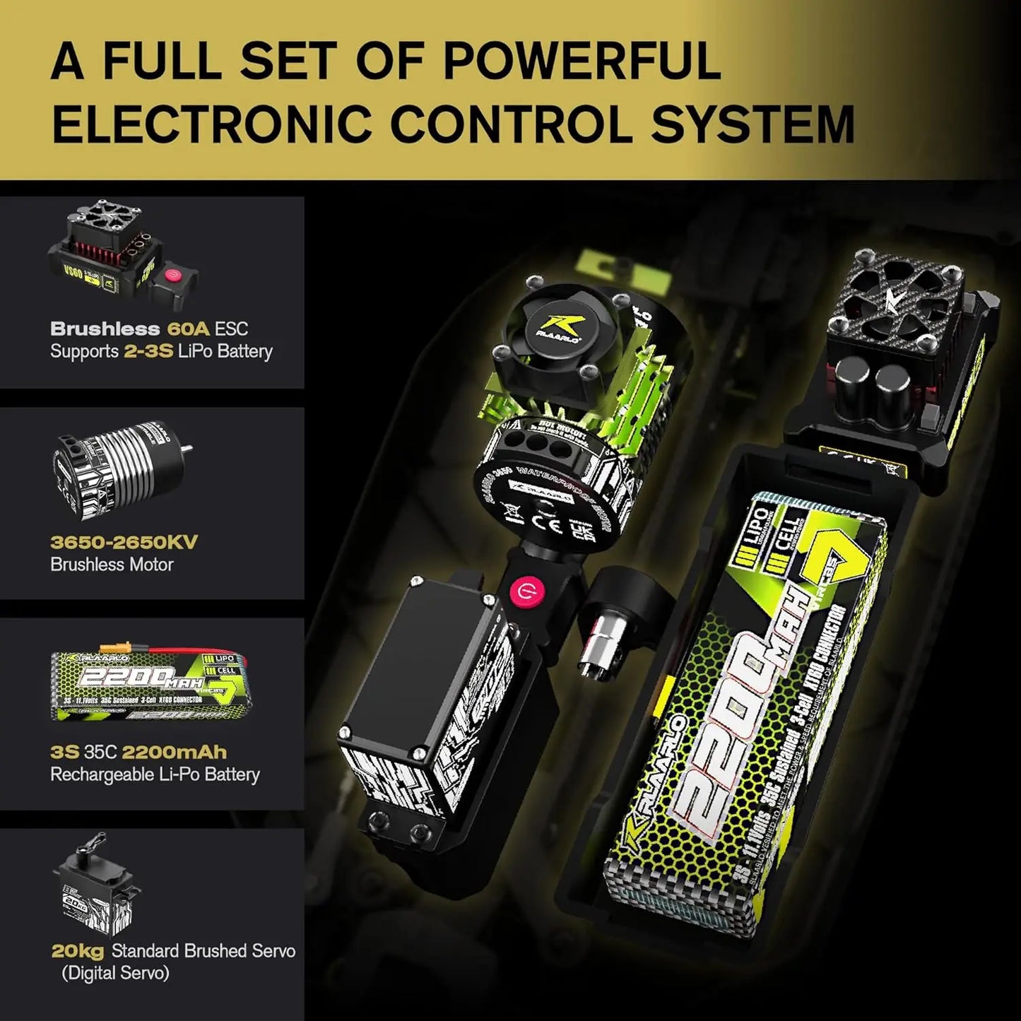 1/10 Scale Brushless RC Monster Truck, 4WD RTR Buggy, Max 50+ MPH, Waterproof, Carbon Fiber Body, Black, for Ages 14 and Up