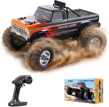 A remote control monster truck shown in motion with a cloud of simulated dirt, alongside its black handheld controller and retail box. The truck features a black and orange body with flame decals and 'Cruiser Maxx' branding.