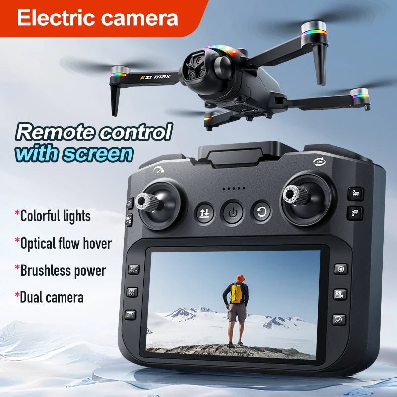 The K21MAX drone, equipped with a 4.3-inch built-in screen remote controller, is a portable remote-controlled quadcopter suitable for beginners. It supports optical flow hovering, automatic return-to-home, and makes a great h