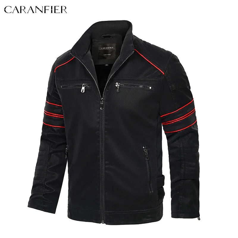 CARANFIER Mens Leather Jacket Washed Retro Velour PU Biker Coat