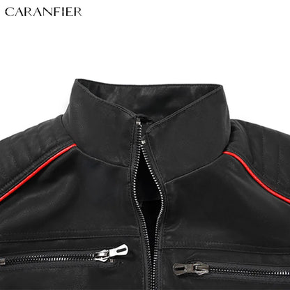 CARANFIER Mens Leather Jacket Washed Retro Velour PU Biker Coat