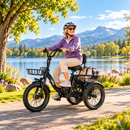 AI-generated lifestyle illustration of an older adult wearing a helmet on a black Qlife-style electric tricycle beside a mountain lake