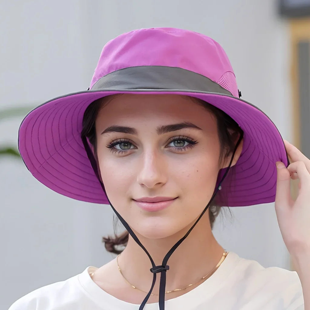 Breathable Mesh Wide Brim Sun Hat With Ponytail Hole For Beach And Fishing