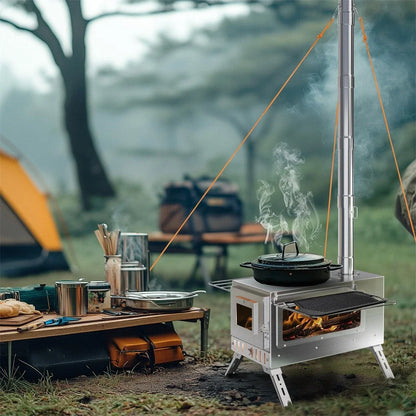 Wood Burning Portable Stove With Six Stainless Chimney Pipes For Outdoors