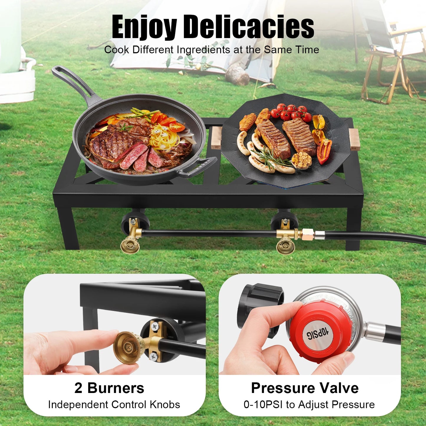 Double Burner 8000W Portable Outdoor Gas Stove With Regulator Hose