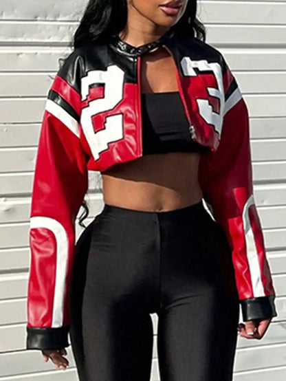 2025 Women's Faux Leather Jacket Short Red Coat Zipper Bomber Jacket Edgy Motorcycle Style Party Tops Casual Outfit Clubwea