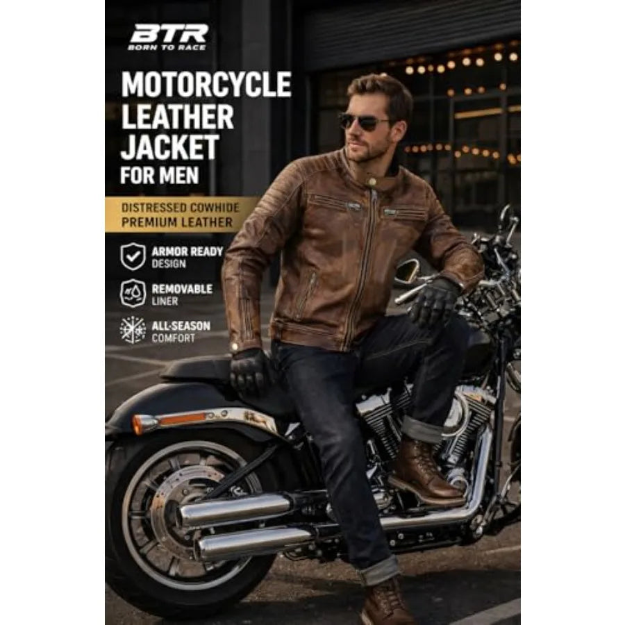 Mens Distressed Biker Jacket With Armor Pockets And Removable Liner