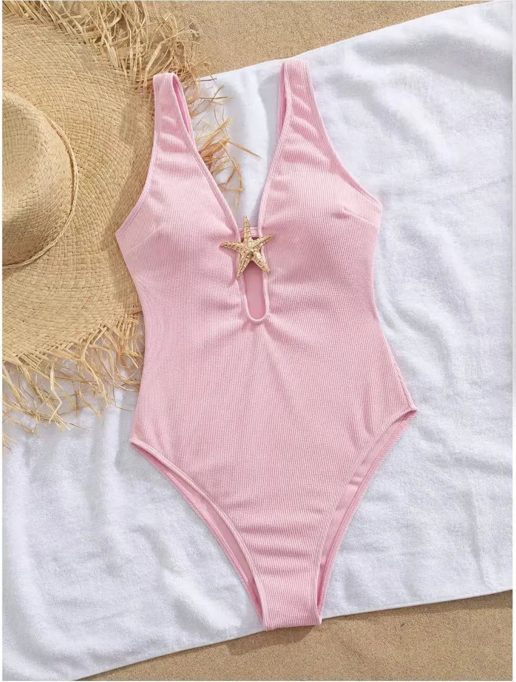 One Piece Swimsuit Monokini With Starfish Ornament Hollow V Neck