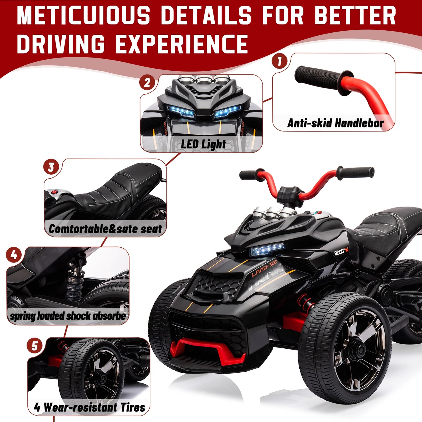 HiMISS 12V Kids Ride On ATV Three Wheel Electric Toy Car With LED Lights