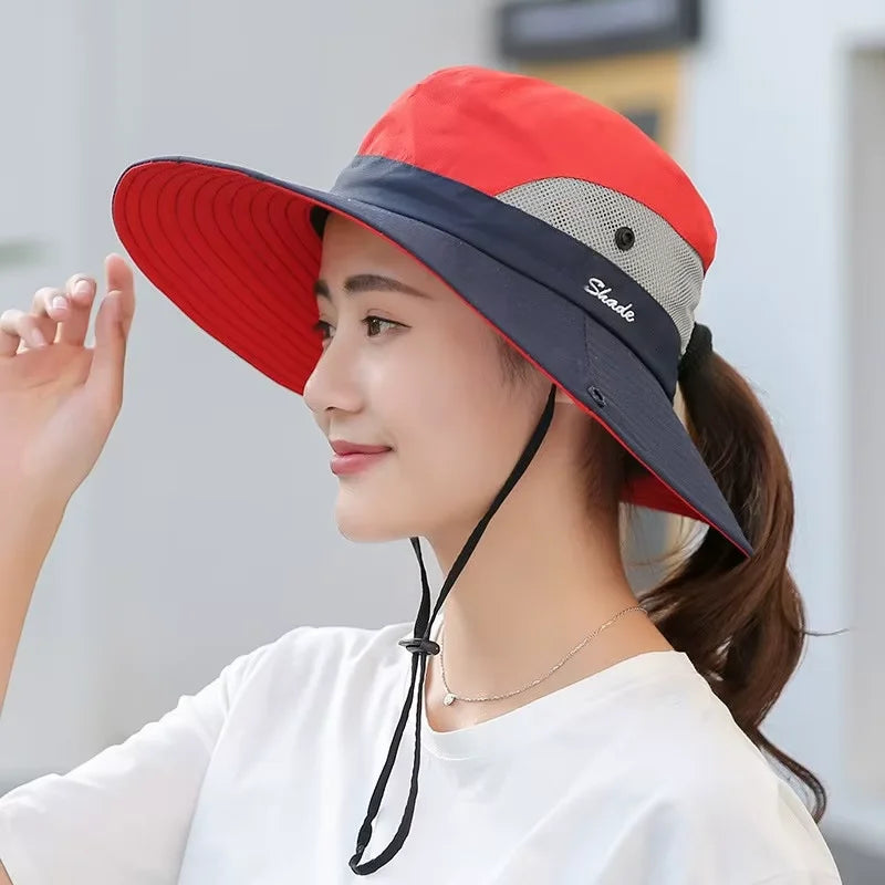 Breathable Mesh Wide Brim Sun Hat With Ponytail Hole For Beach And Fishing