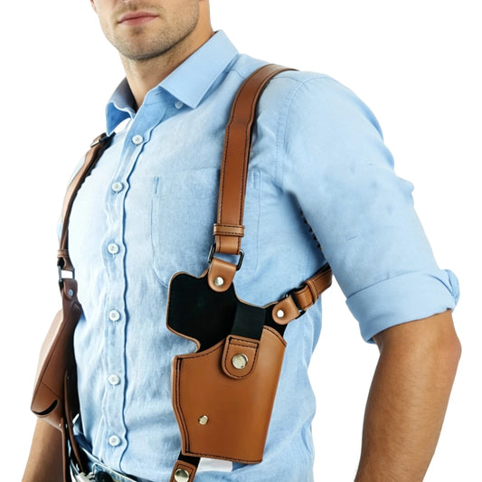 Leather  Stealth Pistol Holster with Double Magazine Pouch Adjustable Vertical Concealed Holster Fit 1911 92 92G Most Kinds of Pistols (Brown)