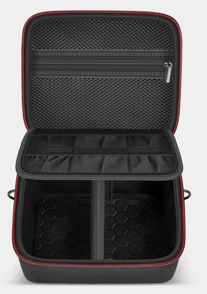 Black jewelry case with red accents on a white background
