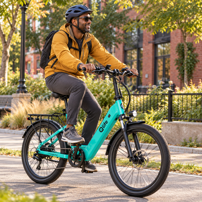 AI-generated lifestyle illustration of a helmeted man in a mustard jacket riding a teal-green Qlife CITYONE PLUS electric bike along an urban greenway.