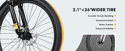 Manufacturer CITYONE 2.0 tire comparison graphic showing 26 by 2.1-inch tires