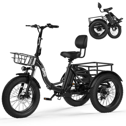 Black Qlife electric tricycle on a white background with folded-view inset