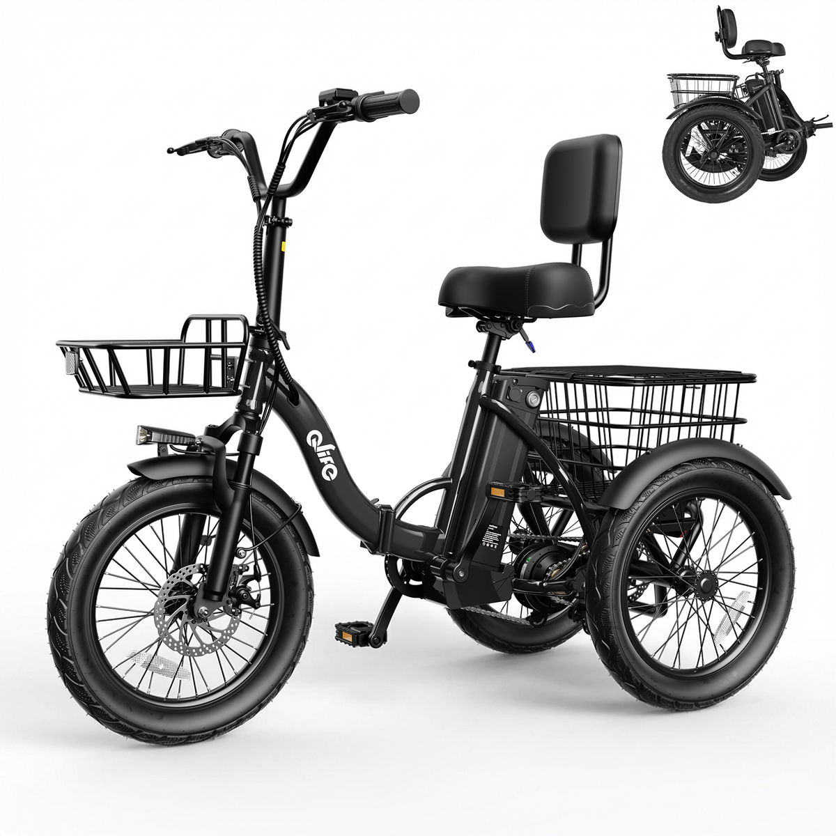 Qlife electric tricycle in black with front and rear baskets and padded backrest
