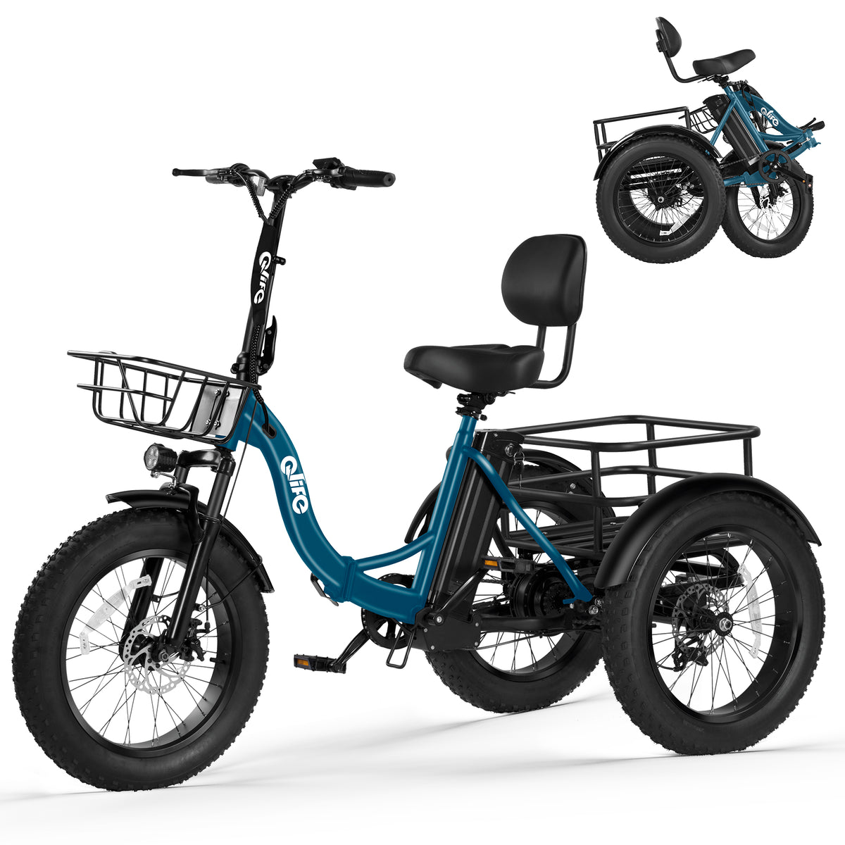 Blue teal Qlife electric tricycle on a white background with folded-view inset
