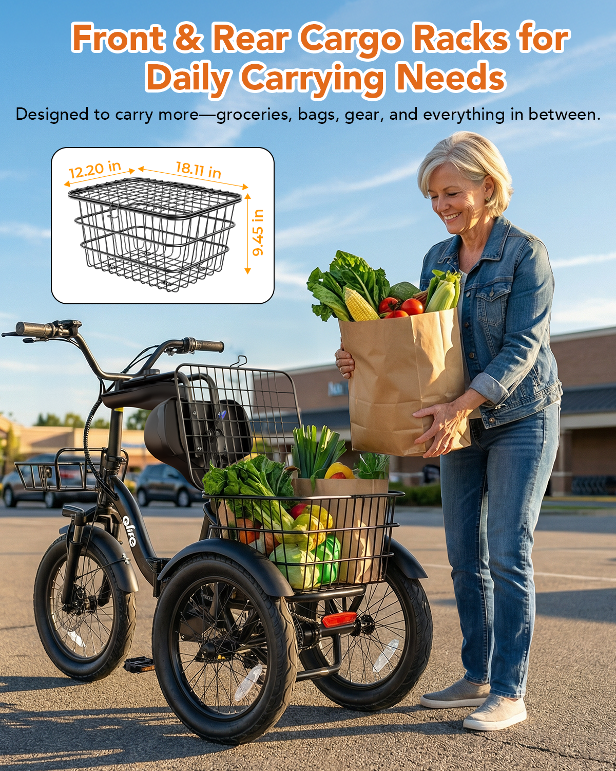 Front and rear cargo baskets with rear basket dimensions