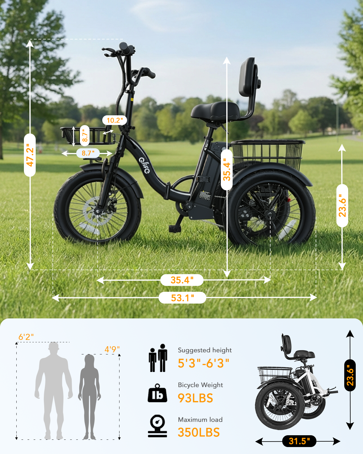Supplier dimension chart with rider height guidance and 350-pound maximum load