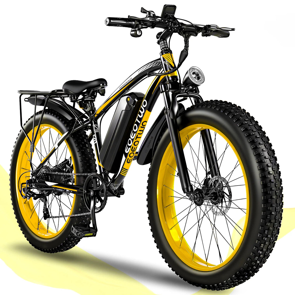 Black and yellow EOEOTWO electric bike with rear rack on a white background