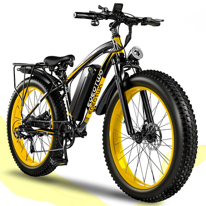 Black and yellow EOEOTWO electric bike with rear rack on a white background
