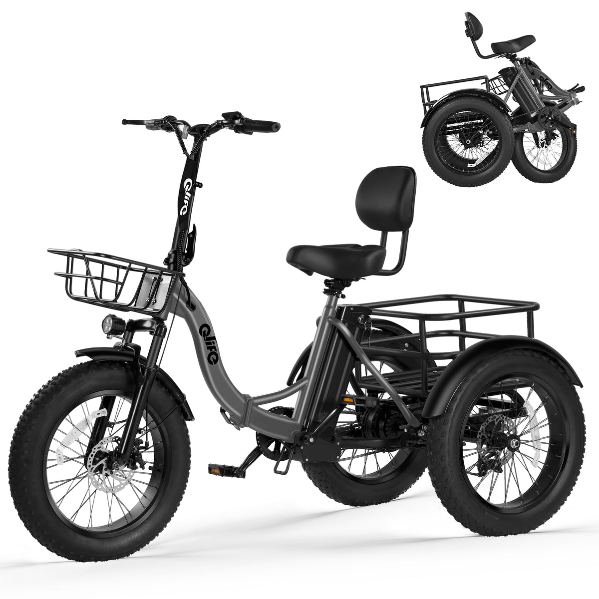 Gray Qlife electric tricycle on a white background with folded-view inset