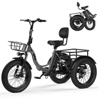 Gray Qlife electric tricycle on a white background with folded-view inset
