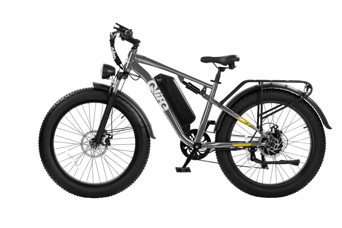Gray Qlife RACER PLUS 2.0 full-suspension fat tire electric bike