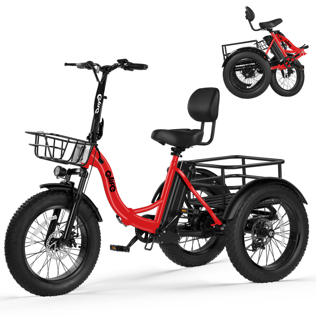 Red Qlife electric tricycle on a white background with folded-view inset