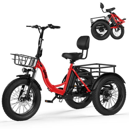 Red Qlife electric tricycle on a white background with folded-view inset