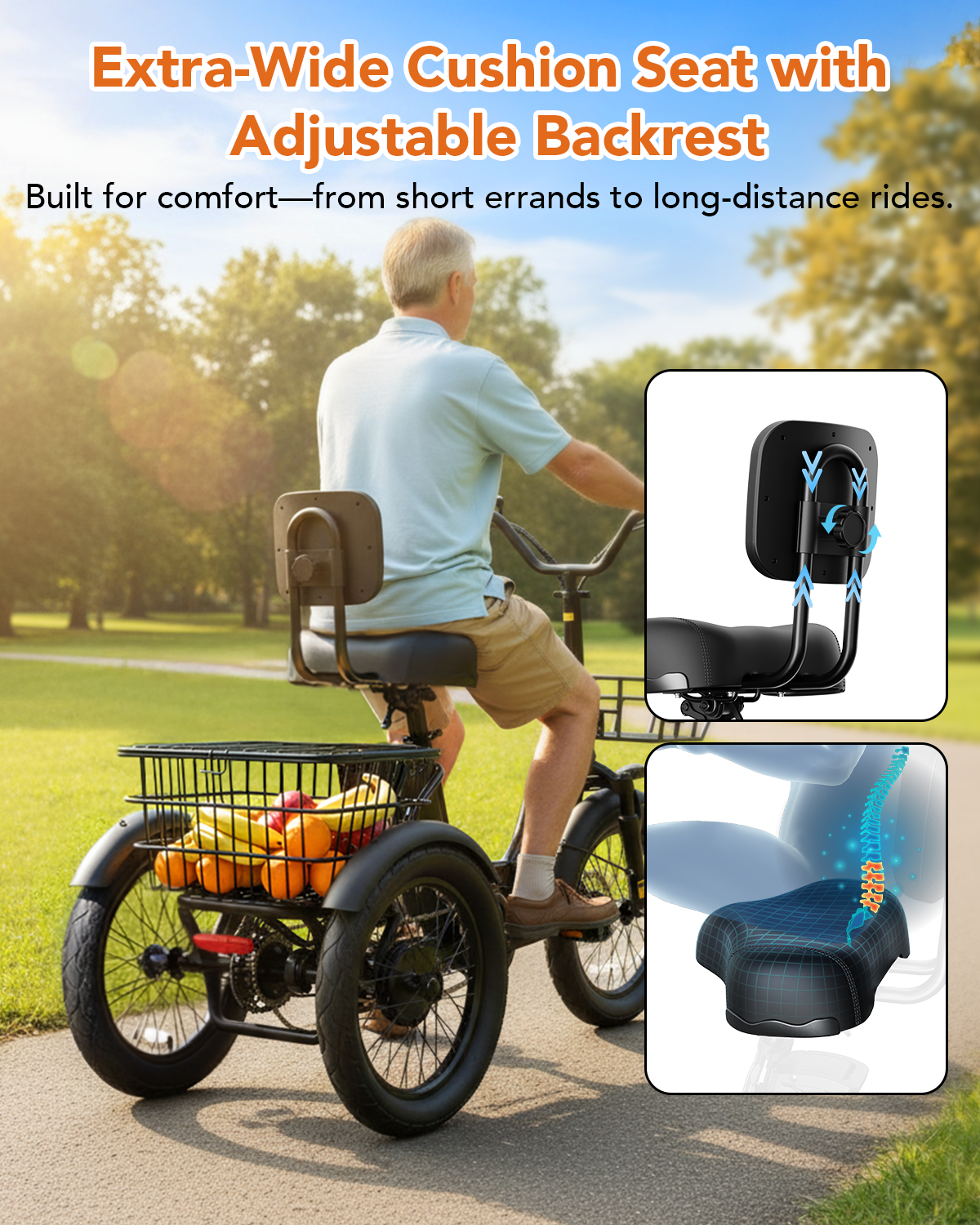 Wide padded seat and adjustable backrest