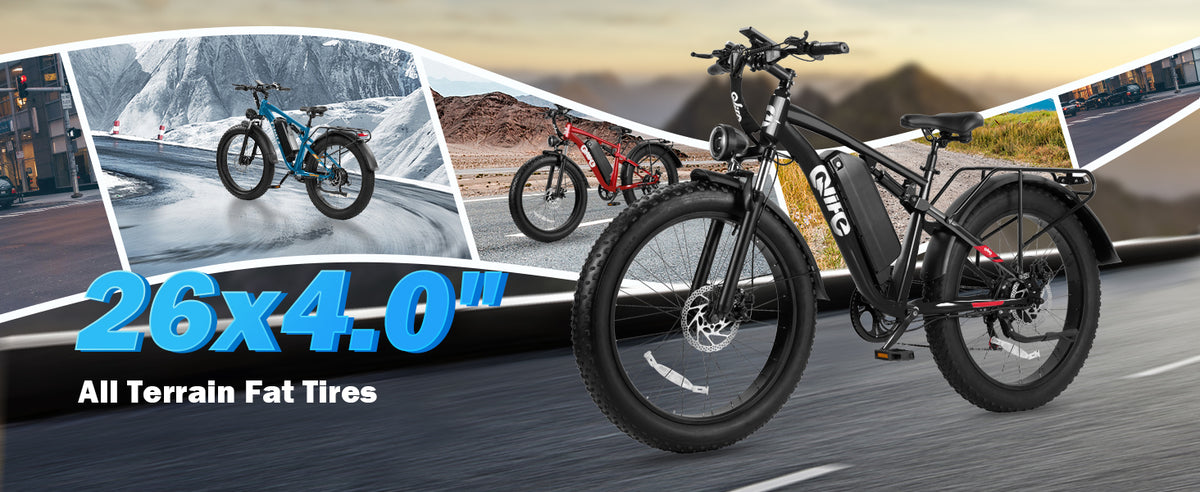 Qlife fat tire electric bike graphic showing 26 by 4-inch tires