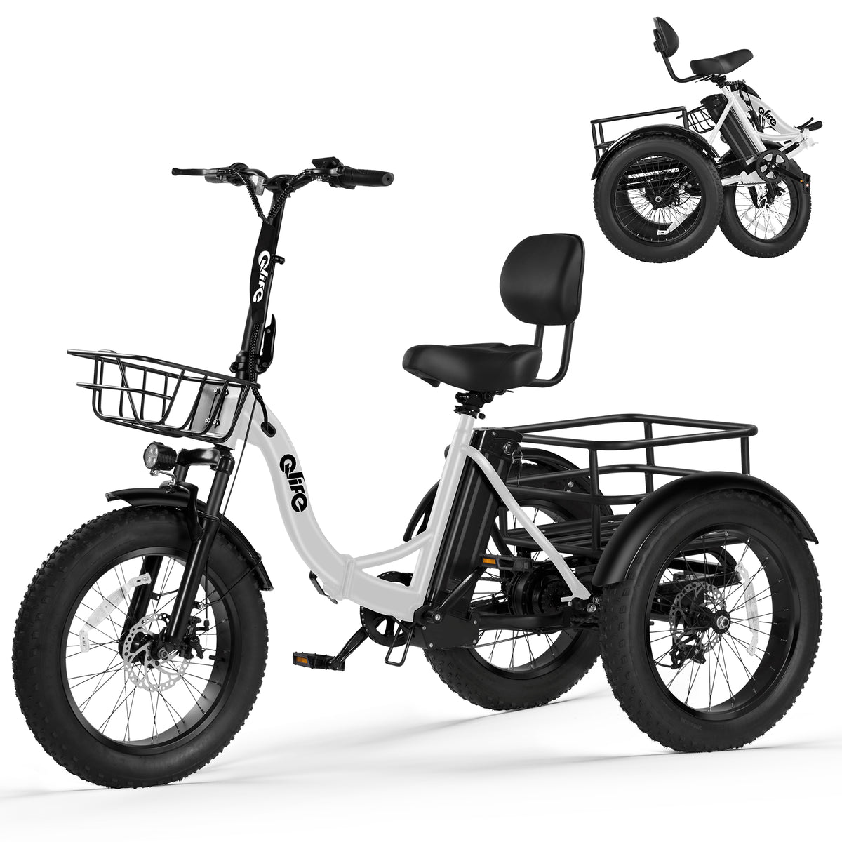 White Qlife electric tricycle on a white background with folded-view inset