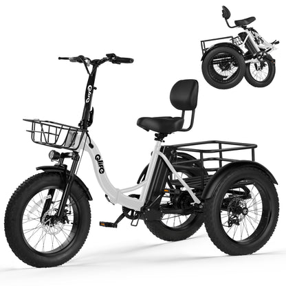 White Qlife electric tricycle on a white background with folded-view inset